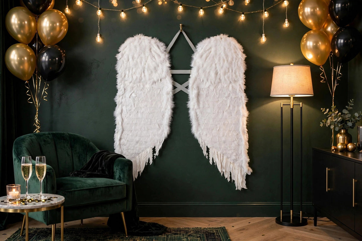 Adult White Angel Costume Wings - Large Halloween Cosplay Feather Wing hung on a wall in a holiday-decorated room