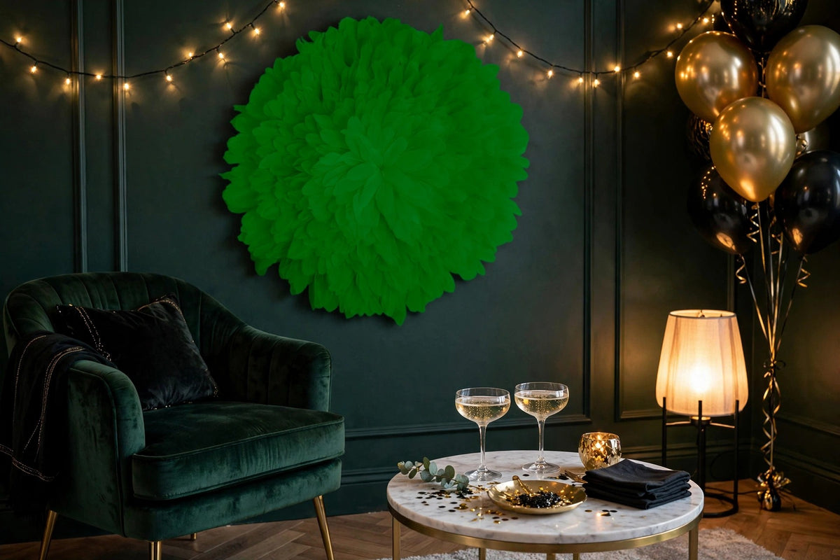 African JuJu Hat Feather Wall Art and Decor - Large - Kelly hung on a wall in a holiday-decorated room