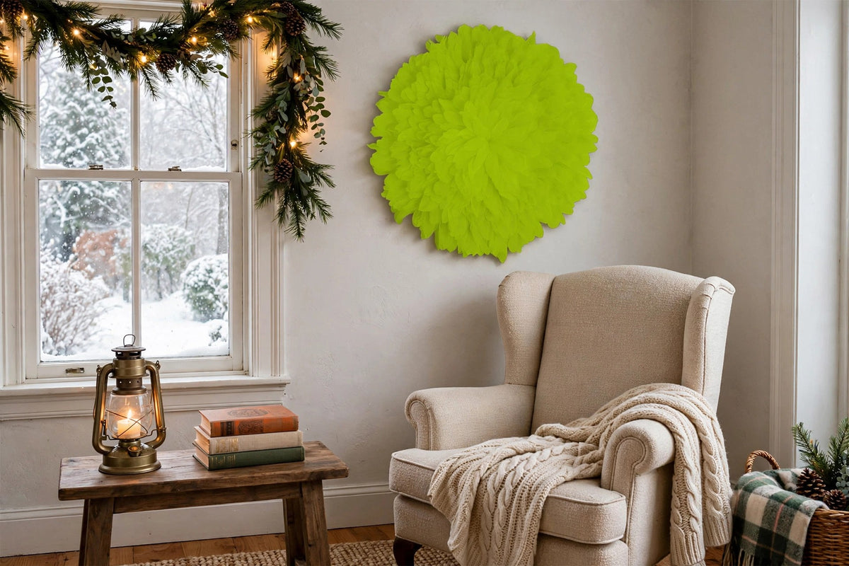 African JuJu Hat Feather Wall Art and Decor Large - Lime hung on a wall in a holiday-decorated room