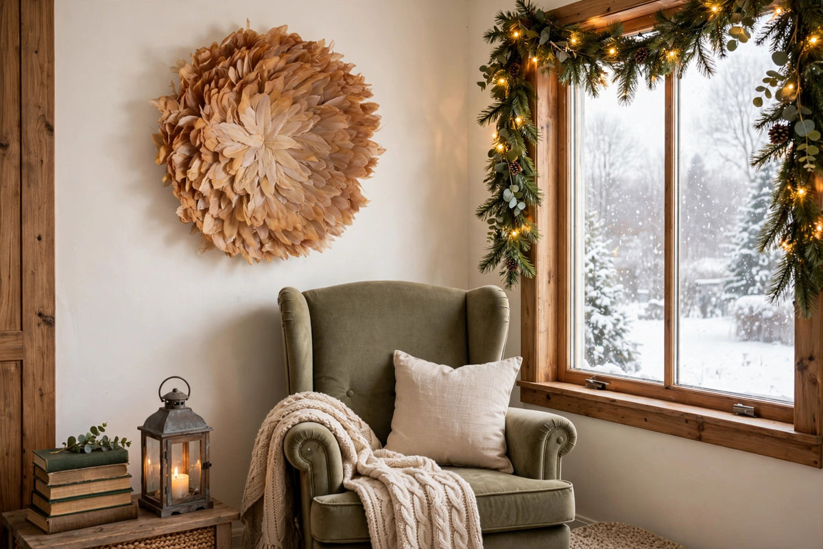 African JuJu Hat Feather Wall Art and Decor - Large - Mango hung on a wall in a holiday-decorated room