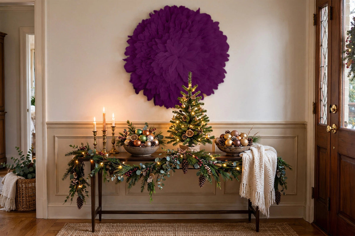 African JuJu Hat Feather Wall Art and Decor - Large - Purple hung on a wall in a holiday-decorated room