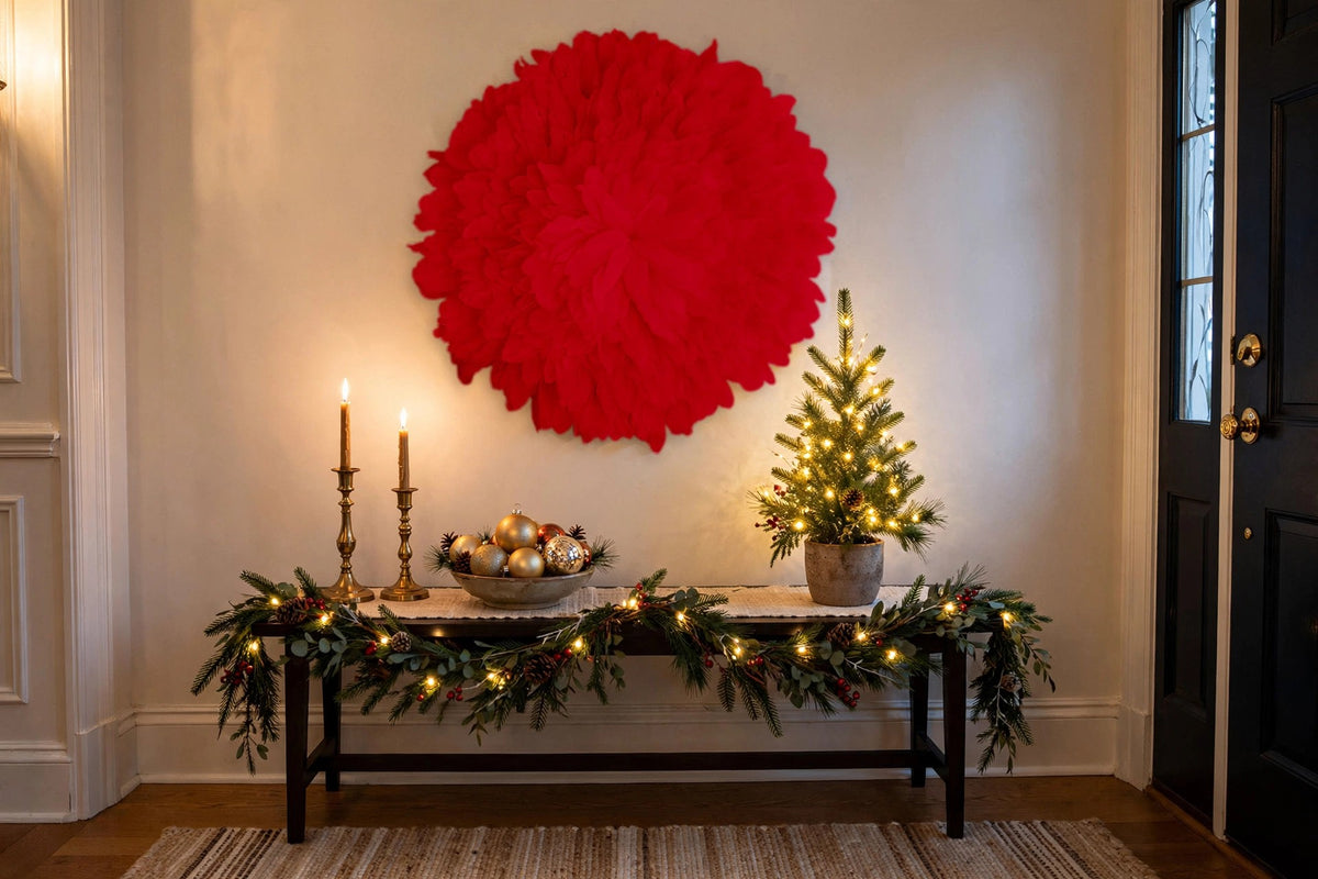 African JuJu Hat Feather Wall Art and Decor - Large - Red hung on a wall in a holiday-decorated room