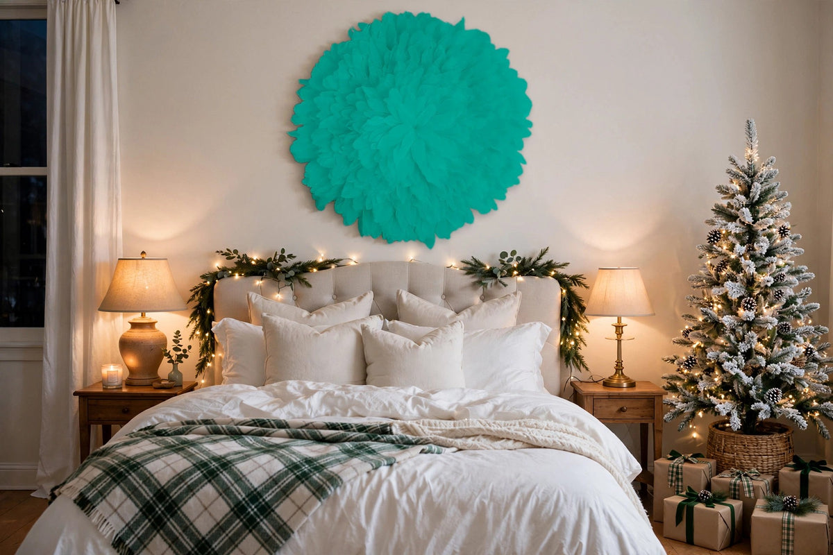 African JuJu Hat Feather Wall Art and Decor- Large - Seafoam hung on a wall in a holiday-decorated room