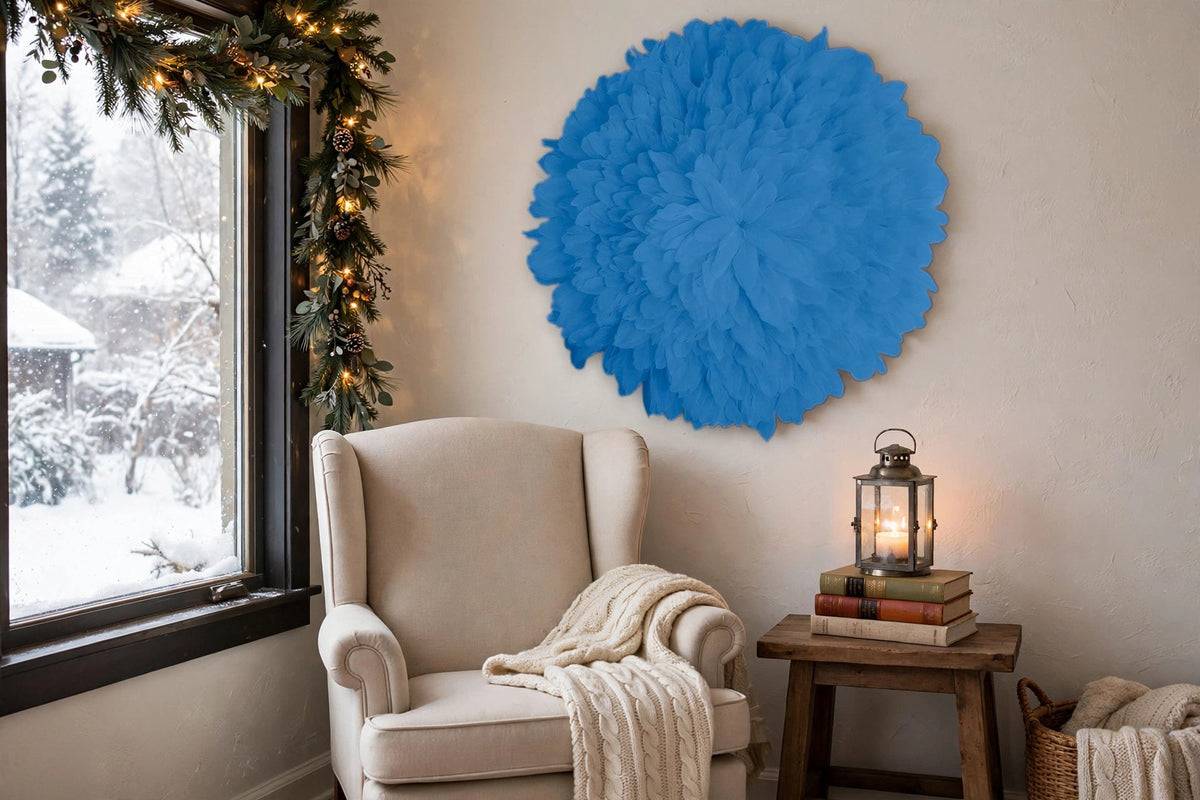 African JuJu Hat Feather Wall Art and Decor - Large - Sky hung on a wall in a holiday-decorated room