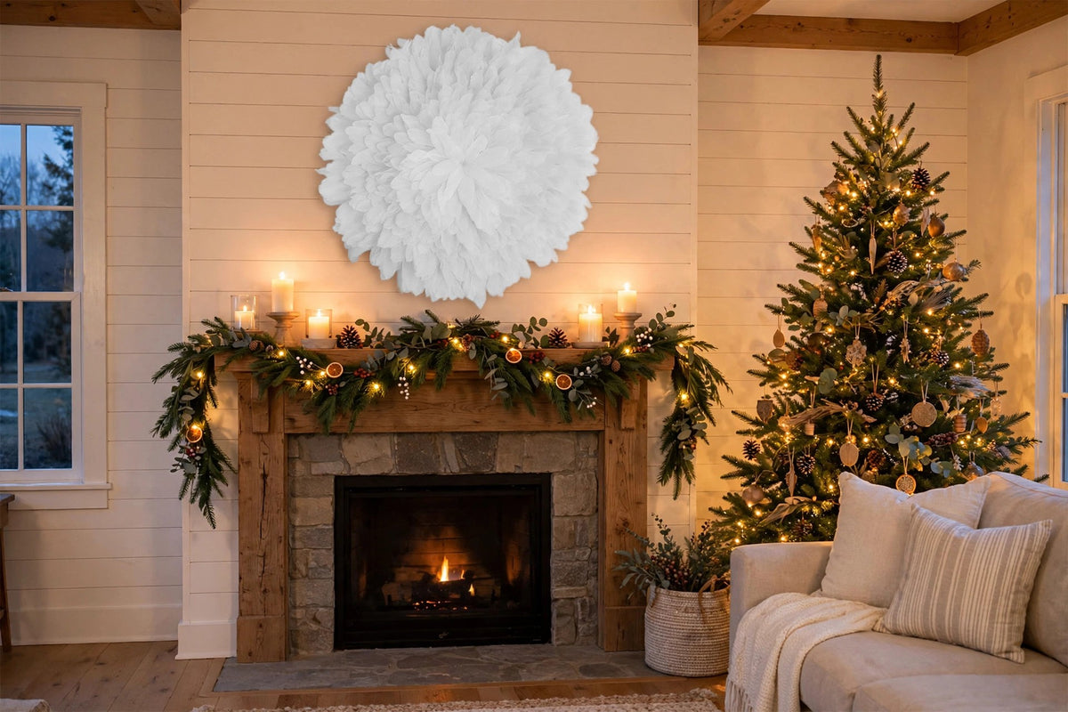African JuJu Hat Feather Wall Art and Decor - Large - White hung on a wall in a holiday-decorated room