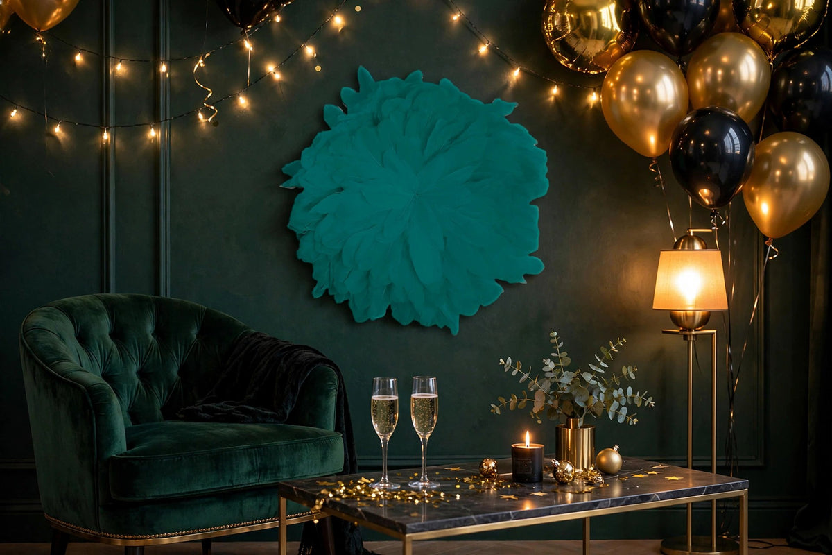 African JuJu Hats Feather Wall Art - Small - Aquamarine hung on a wall in a holiday-decorated room
