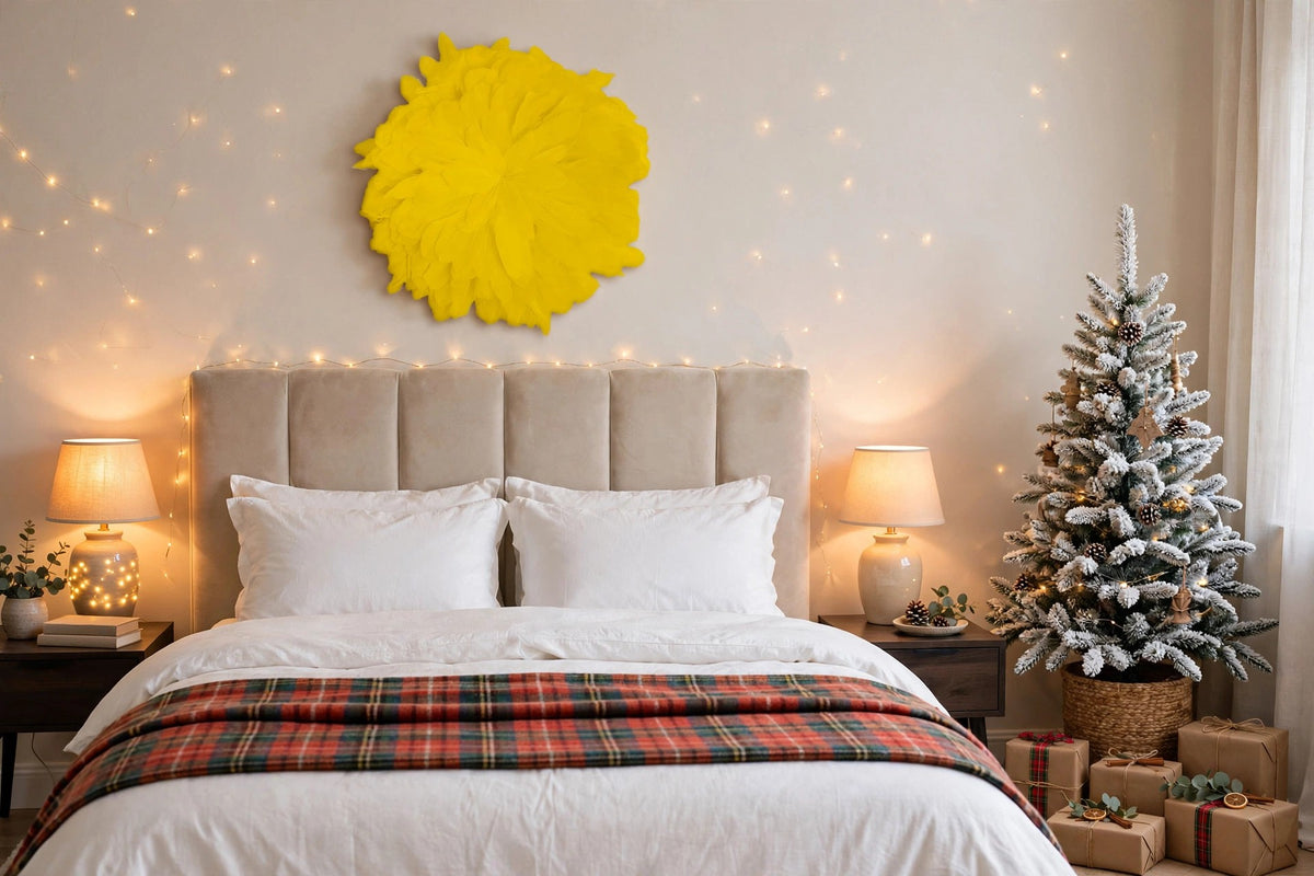 African JuJu Hats Feather Wall Art - Small - Lemon Yellow hung on a wall in a holiday-decorated room