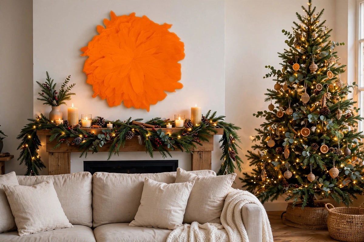 African JuJu Hats Feather Wall Art - Small - Mango hung on a wall in a holiday-decorated room