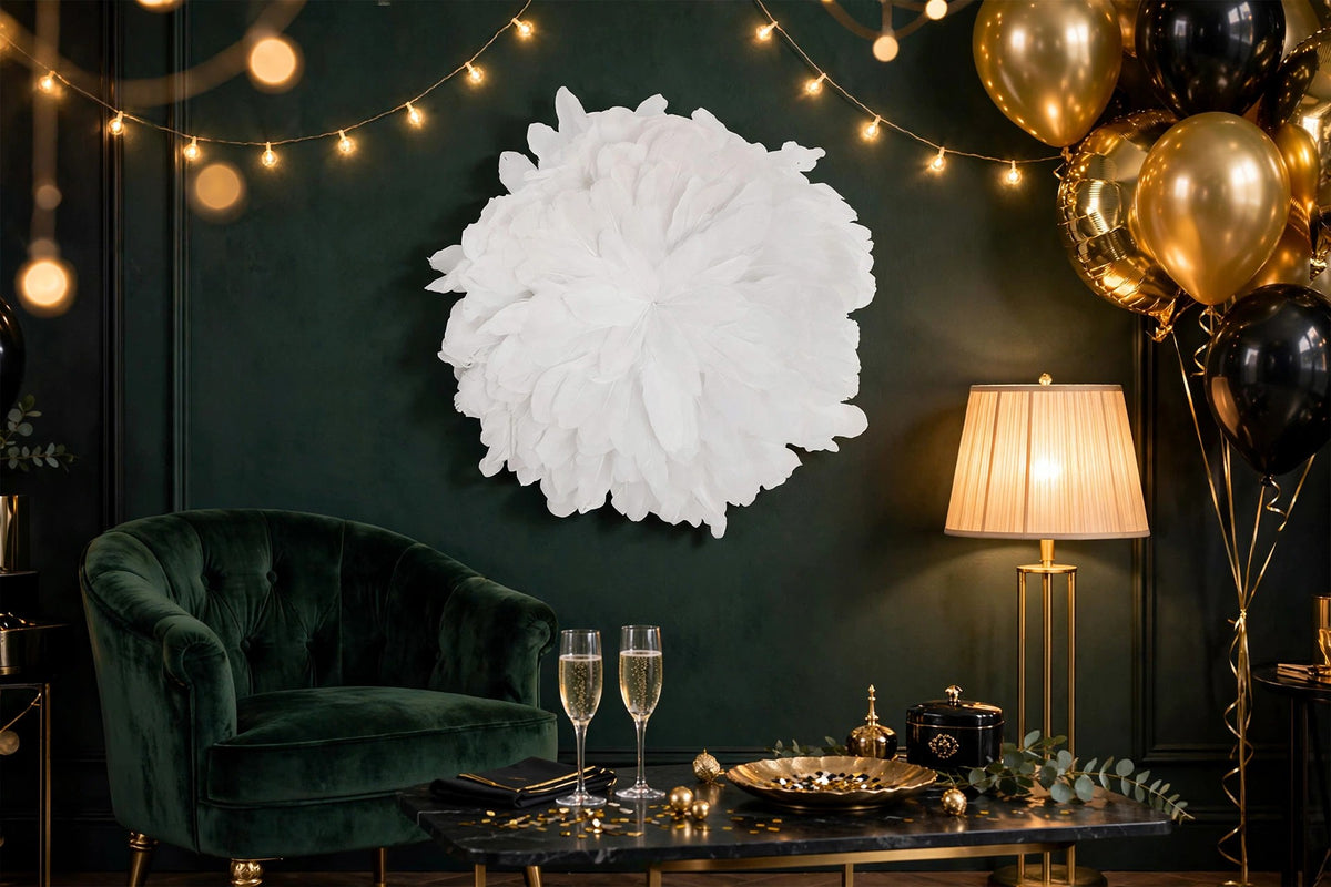 African JuJu Hats Feather Wall Art - Small - White hung on a wall in a holiday-decorated room