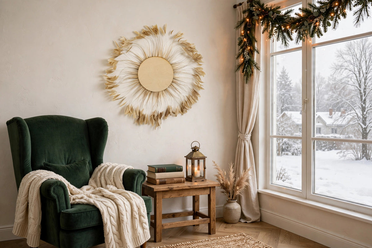 Beige Stripped Rooster Coque Tails Feather Wall Art hung on a wall in a holiday-decorated room