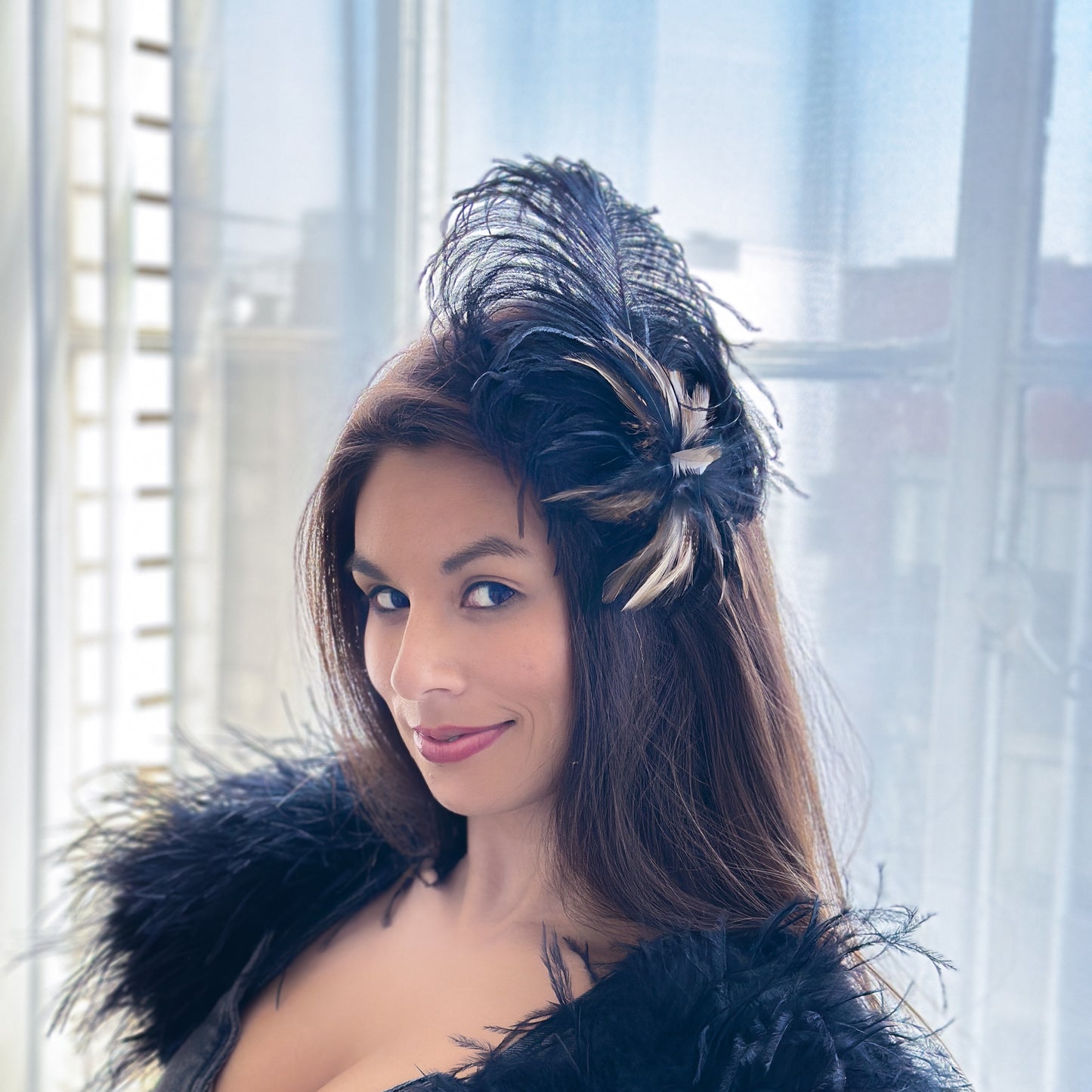 Black and Beige Ostrich Feather Hair Pin Fascinator