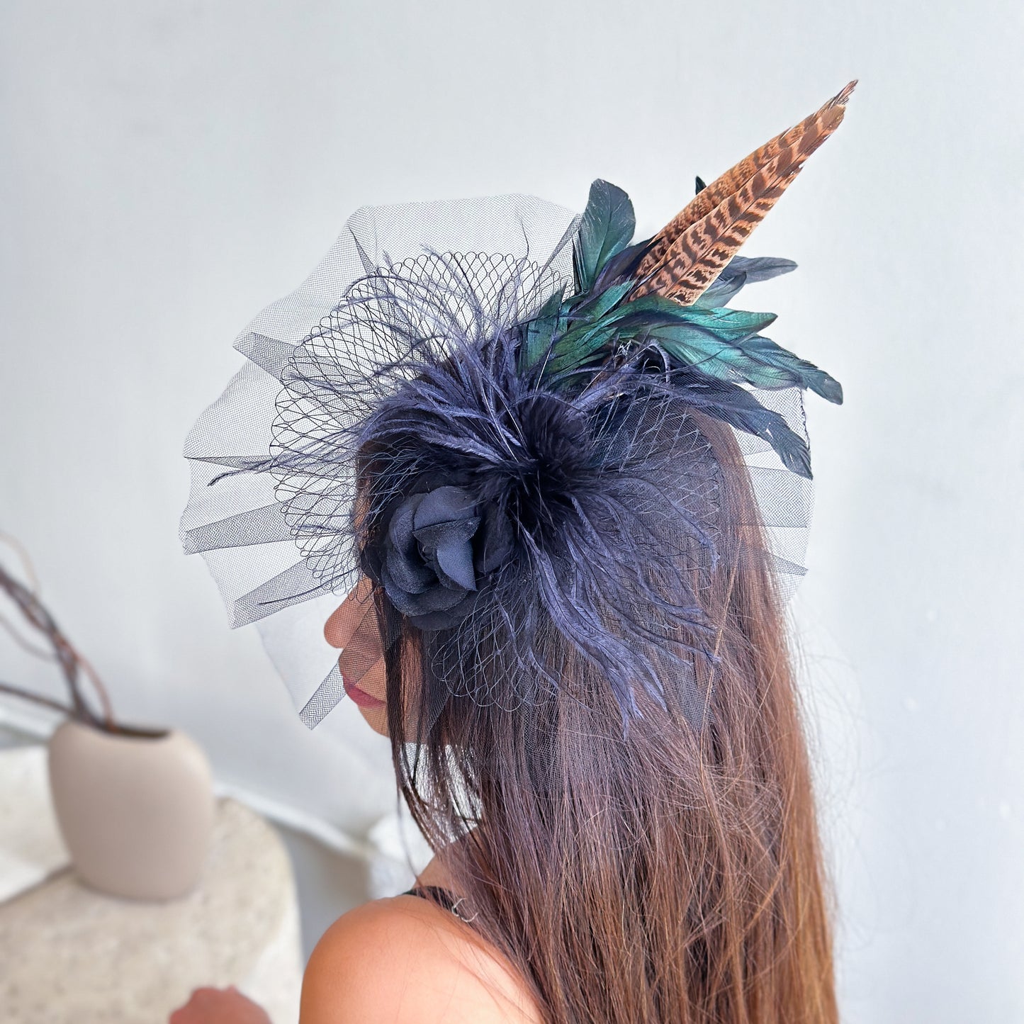 Blair Black Ostrich and Natural Pheasant Feather Fascinator