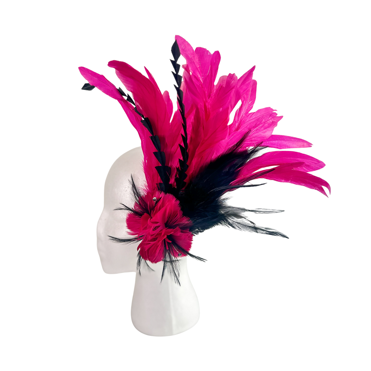 Hot Pink & Black Large Tropical Feather Flower Clip