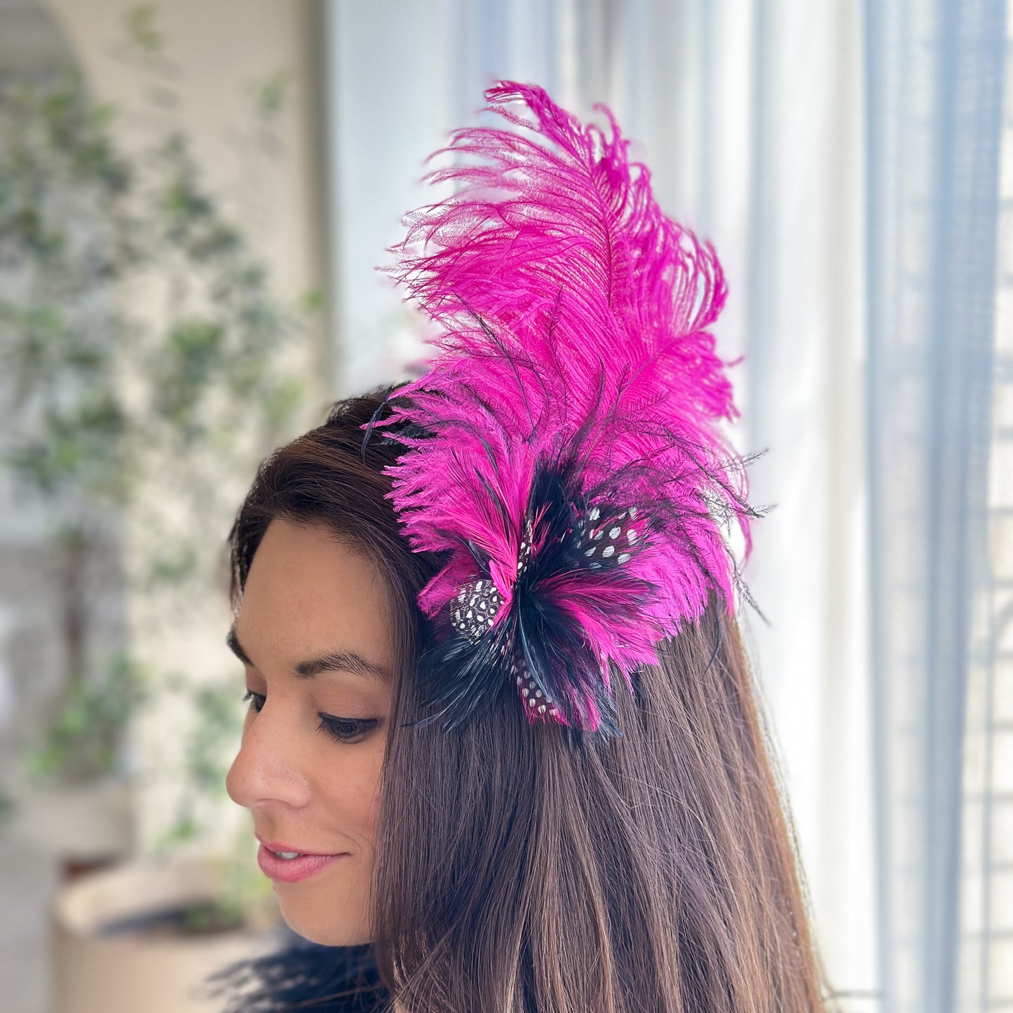 Hot Pink Ostrich and Black and White Polka Dot Feather Hair Pin