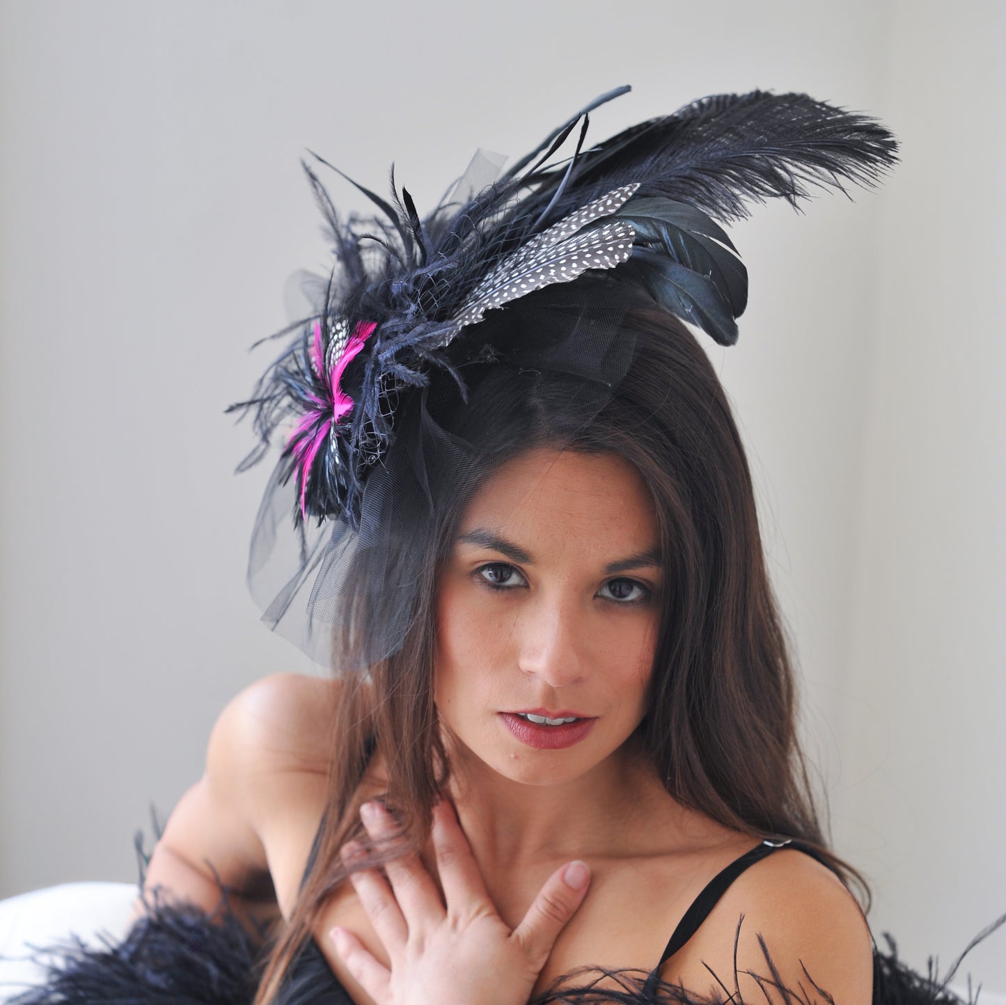 Blair Black and Hot Pink Ostrich Feather Fascinator