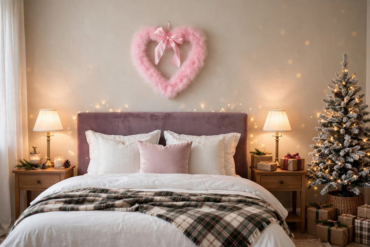 Decorative Candy Pink Heart Shaped Feather Wreath and Wall Art hung on a wall in a holiday-decorated room
