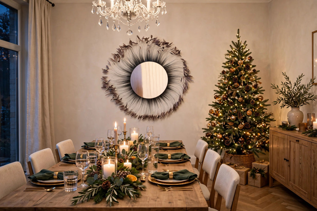 Decorative Feather Wall Art with Rose Gold Mirror hung on a wall in a holiday-decorated room