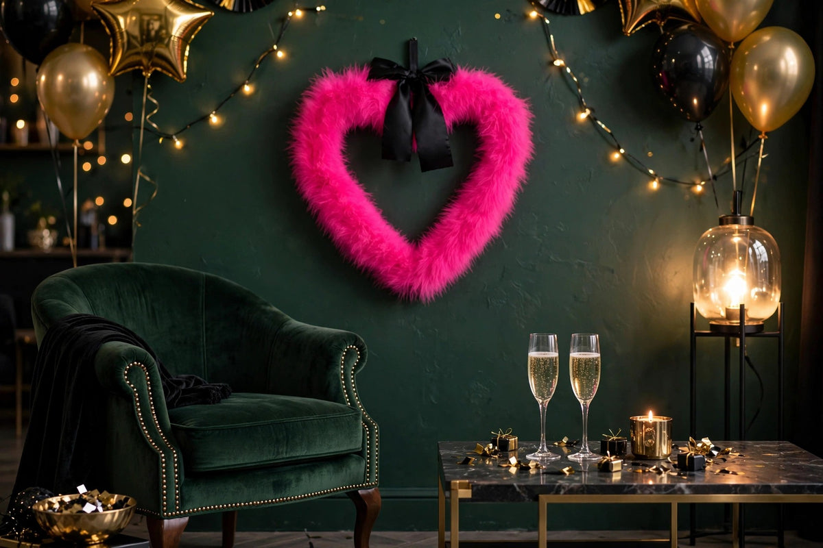 Decorative Pink Heart Shaped Feather Wreath Wall Art hung on a wall in a holiday-decorated room