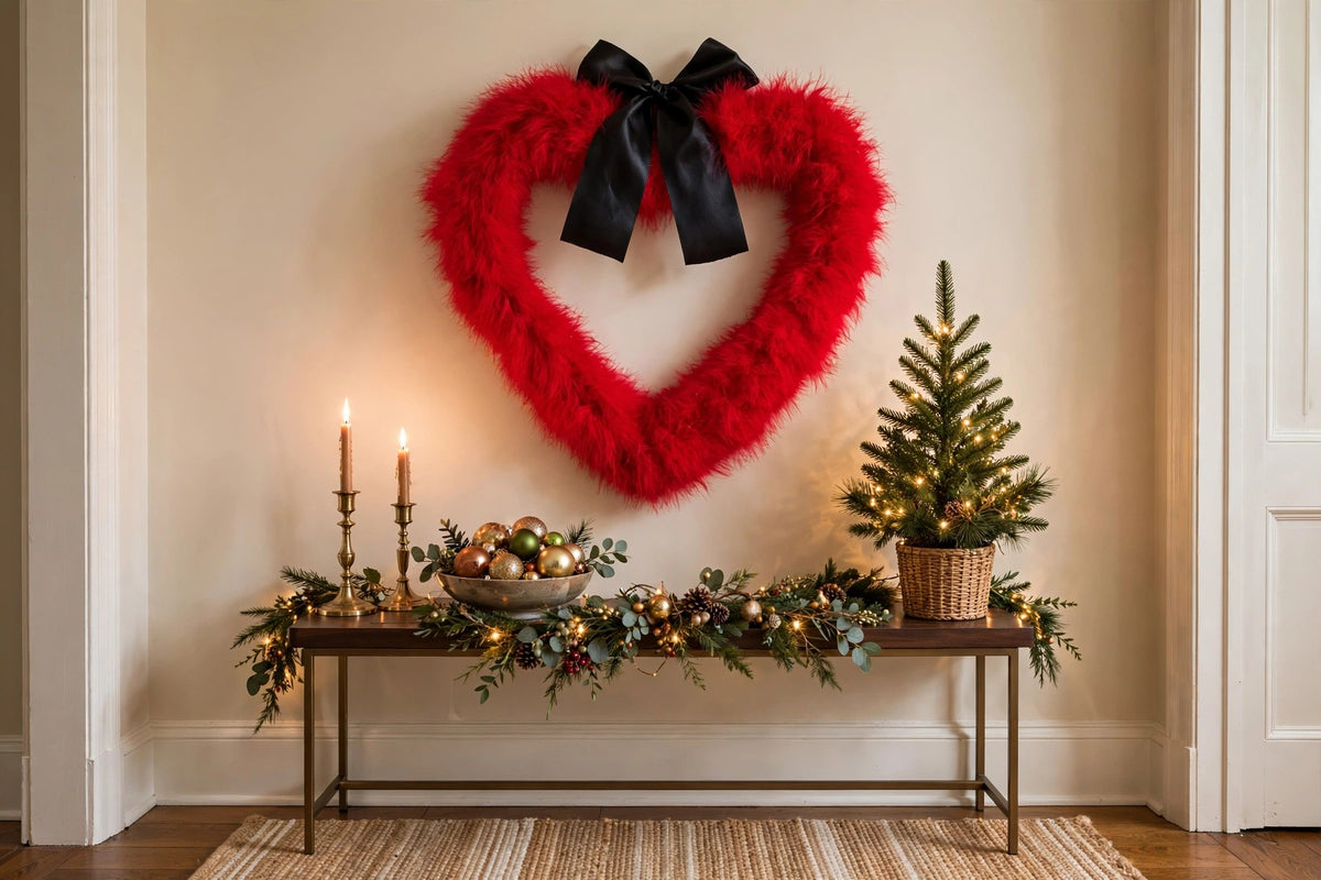 Decorative Red Heart Shaped Feather Wreath Wall Art hung on a wall in a holiday-decorated room