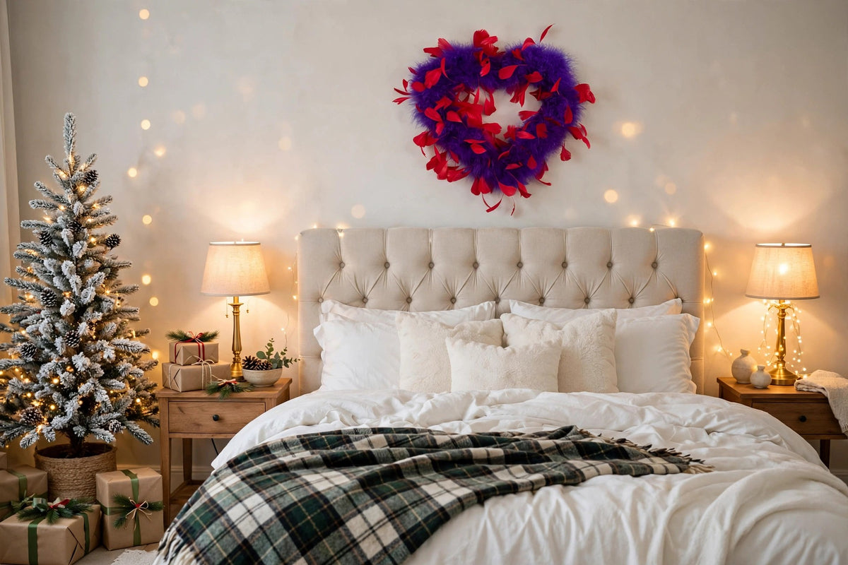 Decorative Red & Purple Feather Heart Shaped Wreath Wall Art hung on a wall in a holiday-decorated room
