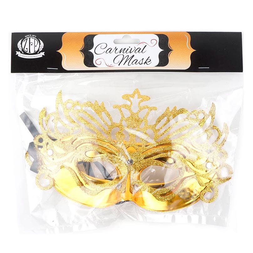 Glittered Carnival Mask Form Gold - Feathers