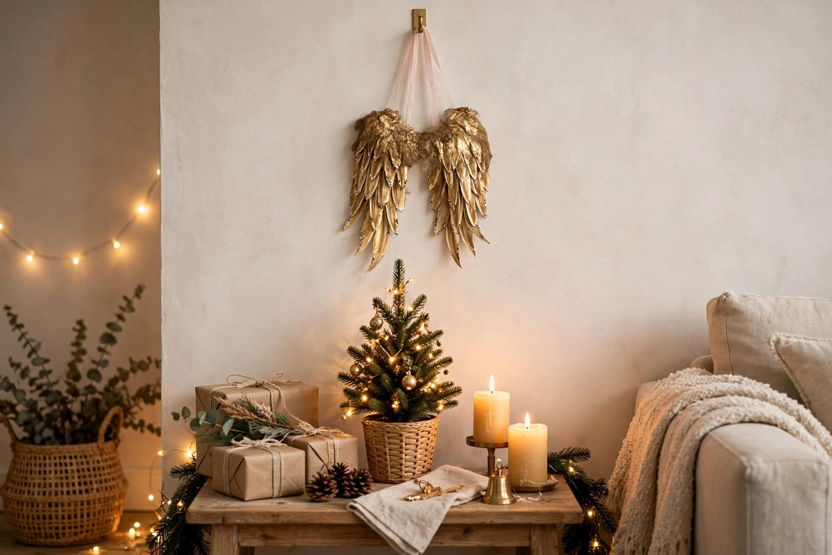 Gold Angel Wing Ornament hung on a wall in a holiday-decorated room