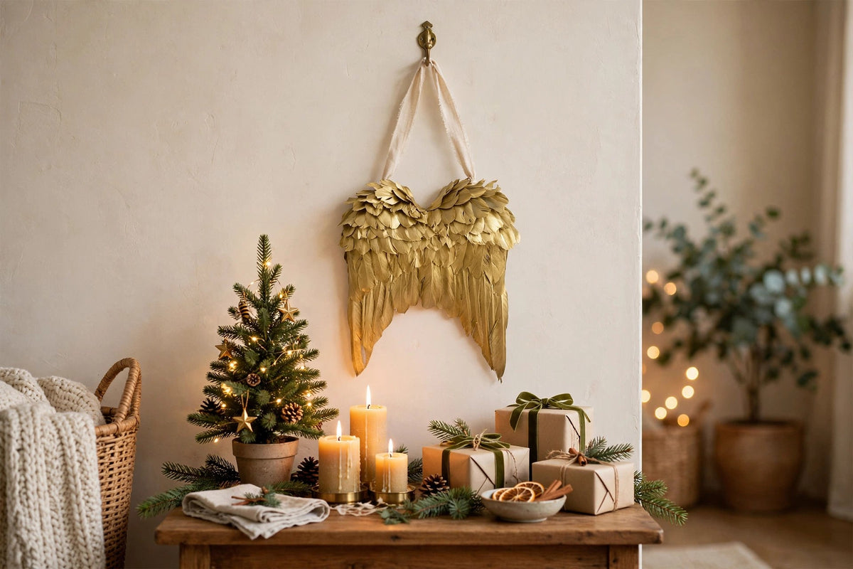 Gold Angel Wing Wall Decor - 11 x 11" hung on a wall in a holiday-decorated room