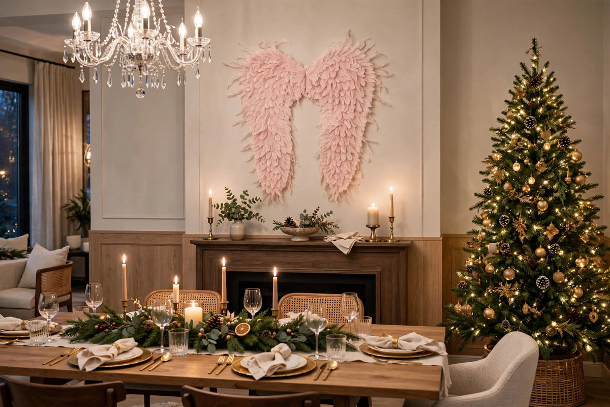 Huge Champagne Pink Angel Wings hung on a wall in a holiday-decorated room