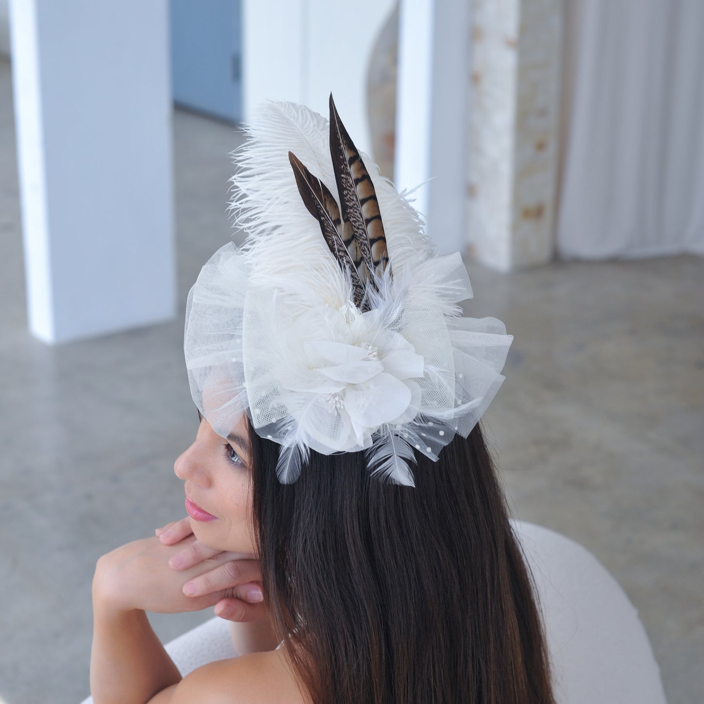 Clara Natural Pheasant and Ivory Ostrich Feather Fascinator