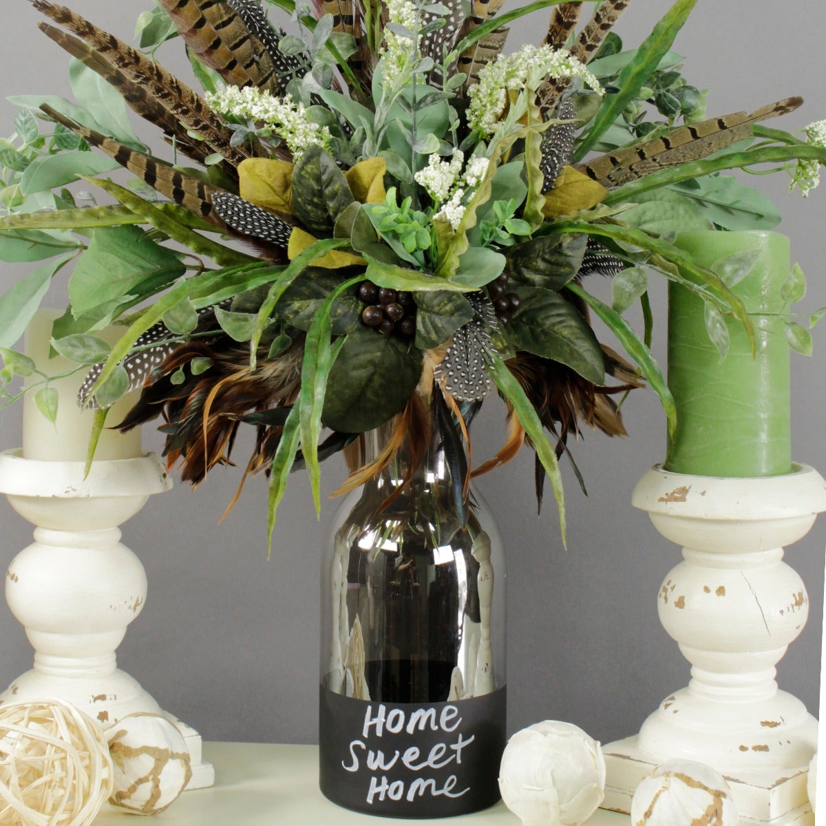 Jug Vase Smoke Gray Top with Black Chalkboard Bottom - Black Grey - Feathers