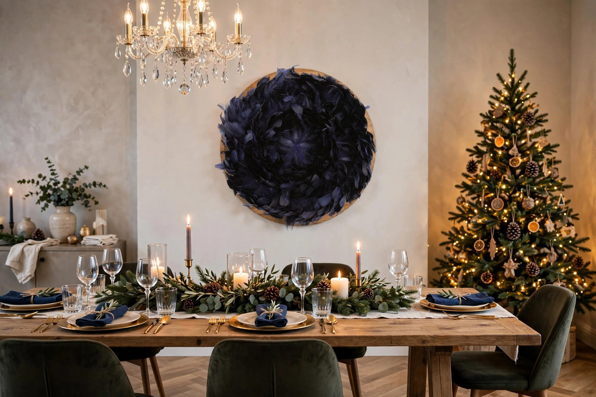 Juju Hat Nagoire Feather Wall Art 16 inch Wood Base 24-26 inch DIA --Navy hung on a wall in a holiday-decorated room