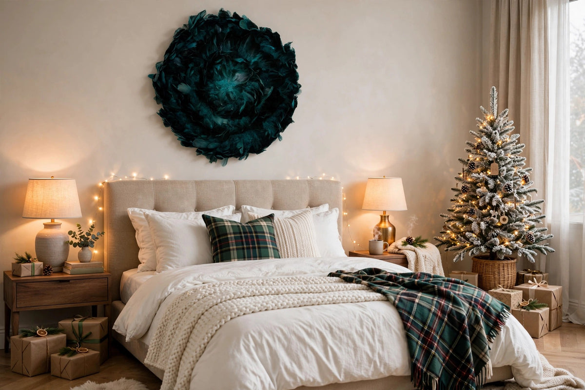 Juju Hat Nagoire Feather Wall Art 16 inch Wood Base 24-26 inch DIA --Teal hung on a wall in a holiday-decorated room