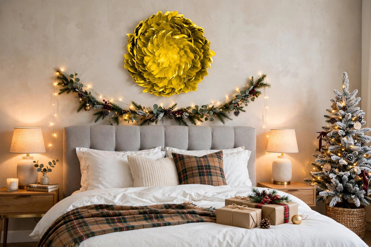 Juju Hat Nagoire Feather Wall Art 16 inch Wood Base 24-26 inch DIA --Yellow hung on a wall in a holiday-decorated room