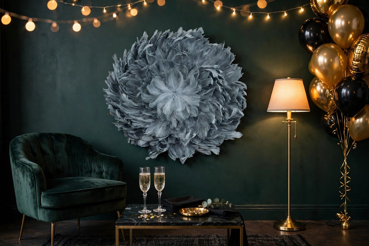 Juju Hat Nagoire Feather Wall Art 16 inch Wood Base 24-26 inch DIA --Silver hung on a wall in a holiday-decorated room