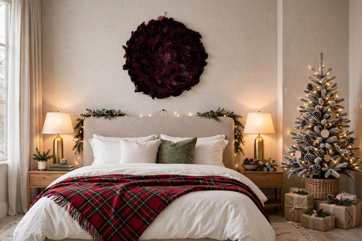 Juju Hat Nagoire Feather Wall Art 16 inch Wood Base 24-26 inch DIA --Burgundy hung on a wall in a holiday-decorated room