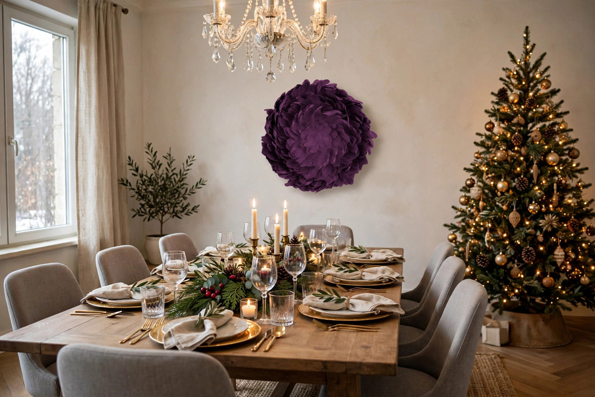 Juju Hat Nagoire Feather Wall Art 16 inch Wood Base 24-26 inch DIA --Purple hung on a wall in a holiday-decorated room
