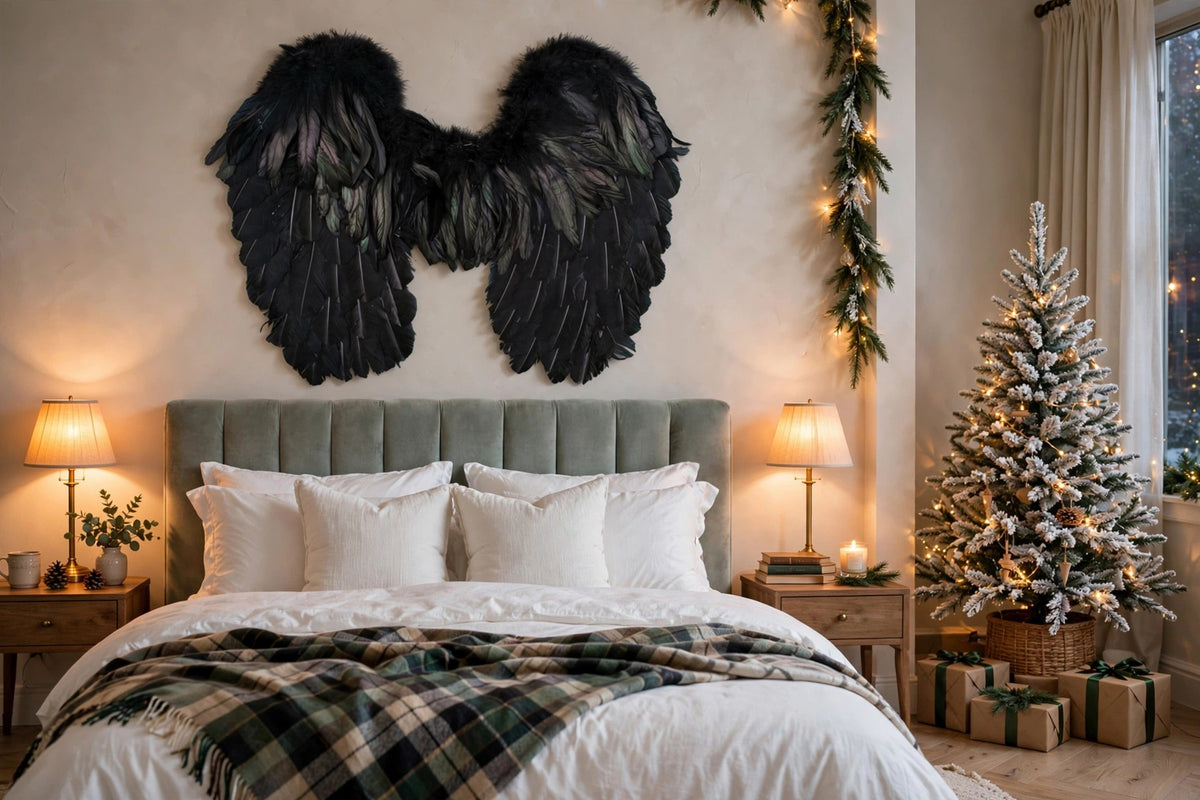 Large Dark Fairy Wings hung on a wall in a holiday-decorated room