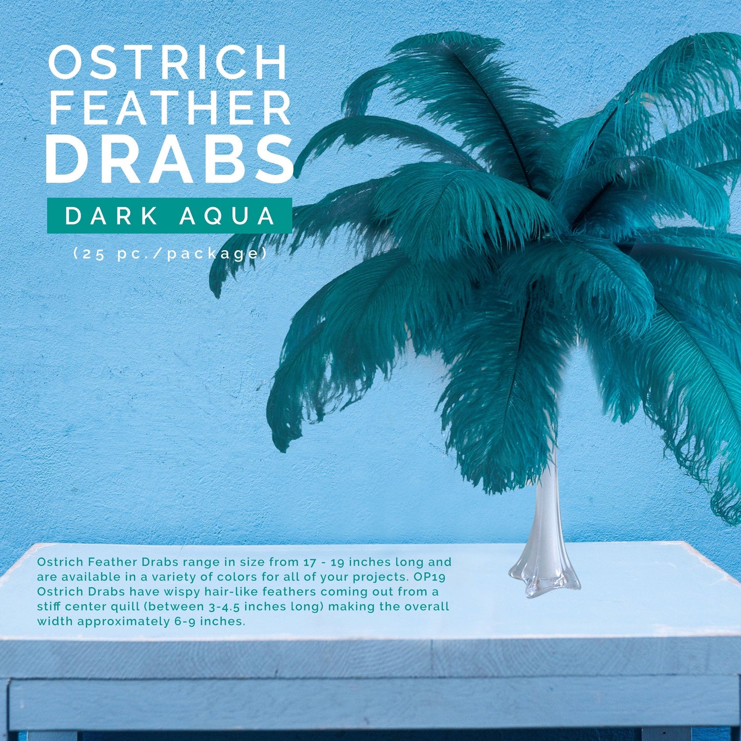 Large Ostrich Feathers - 17’’ + Drabs - Dark Aqua - Ostrich Feathers