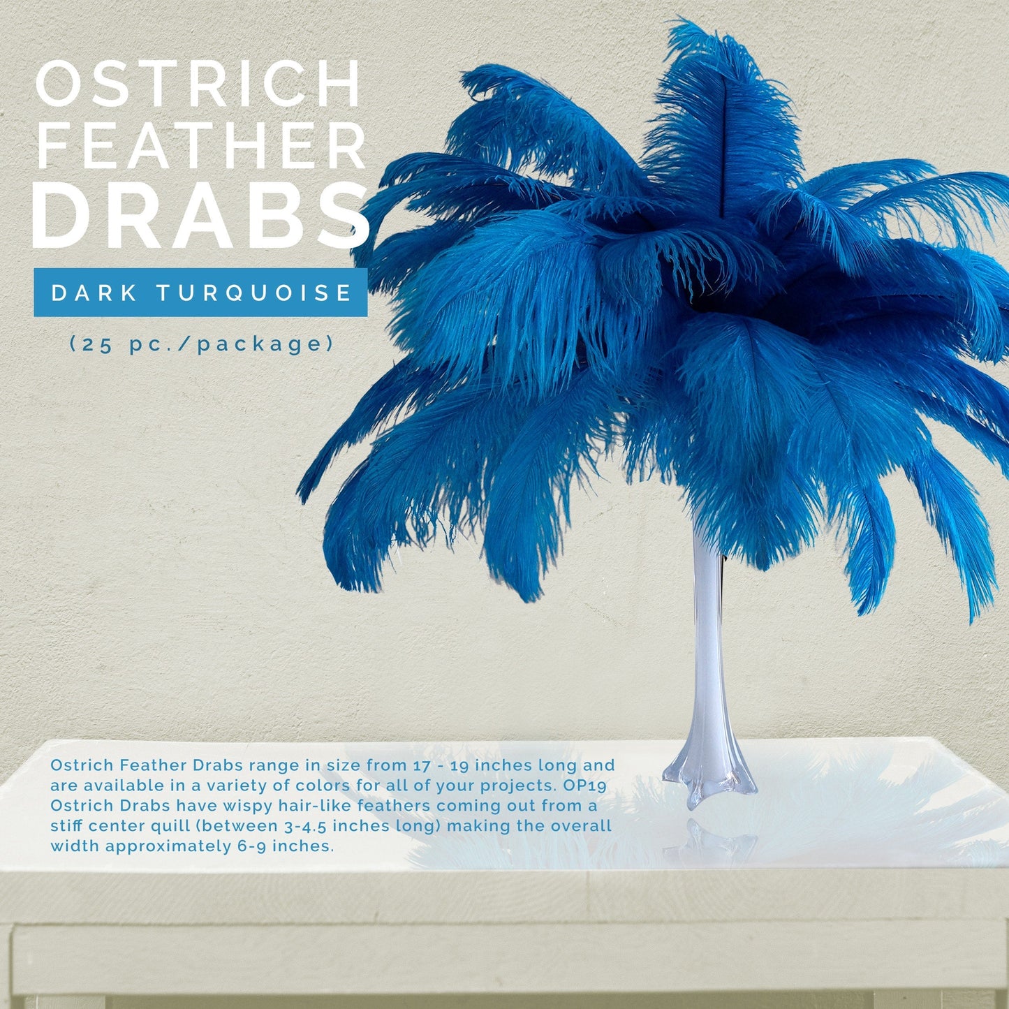 Large Ostrich Feathers - 17’’ + Drabs - Dark Turquoise - Ostrich Feathers