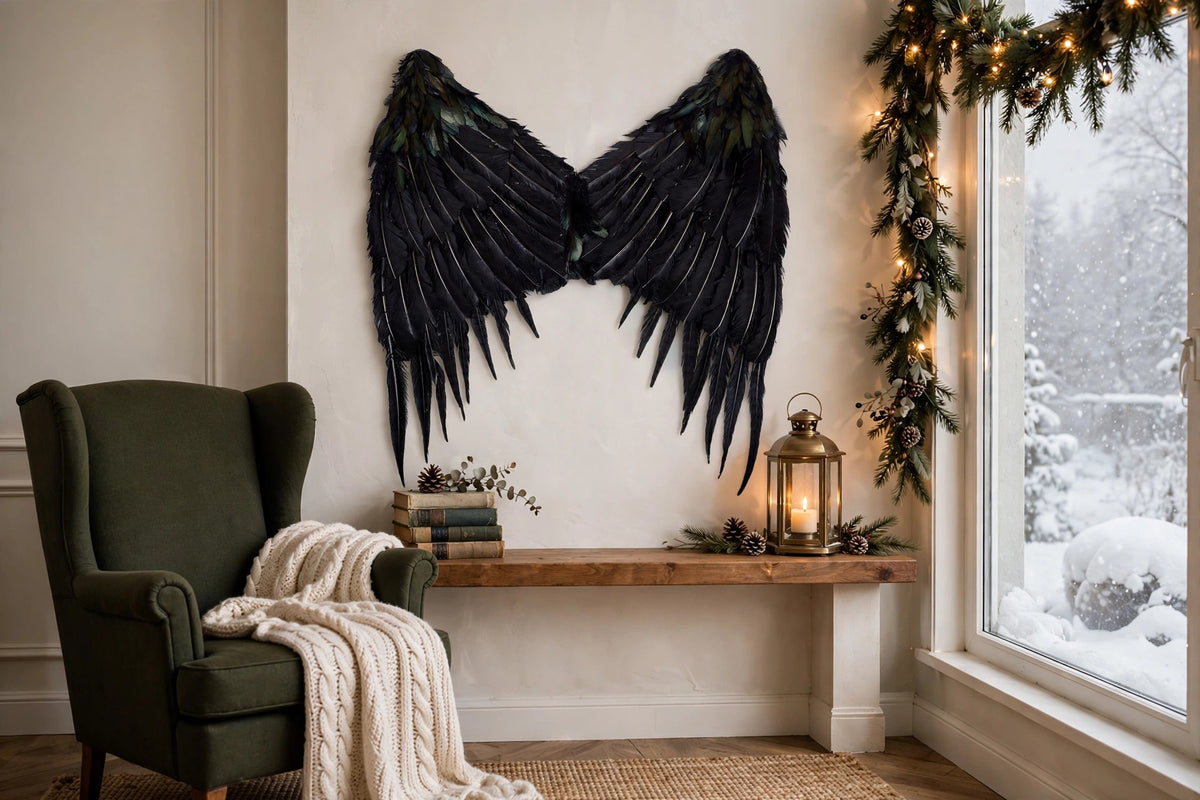Maleficent Inspired Black Large Feather Wing hung on a wall in a holiday-decorated room