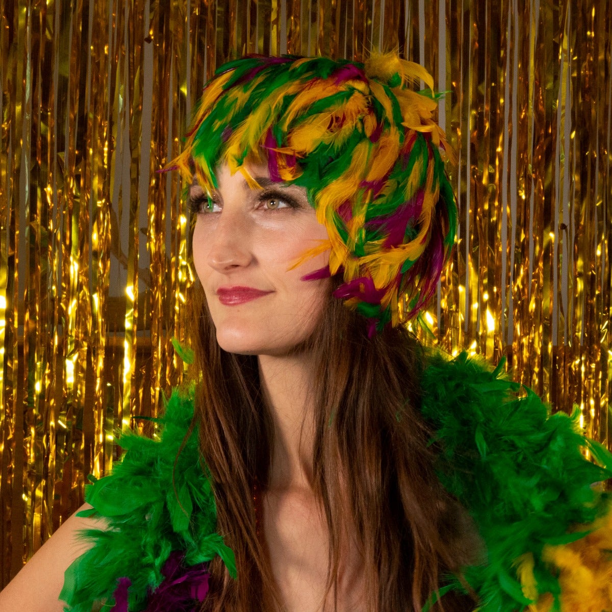 Mardi Gras Feather Wig - Gold-Kelly-Purple - Feathers
