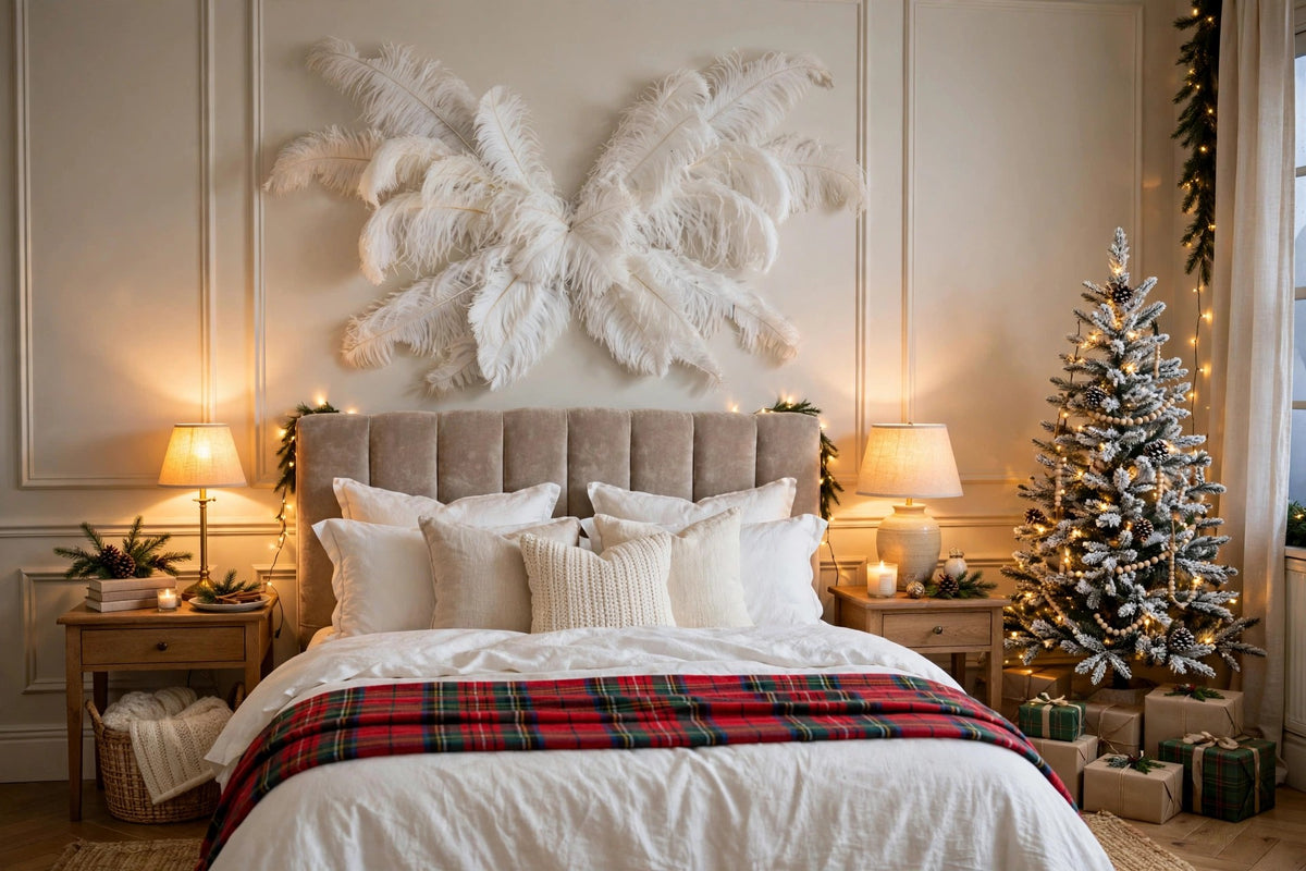 Medium Large Upcycled Ostrich Feather Costume Wings - White hung on a wall in a holiday-decorated room