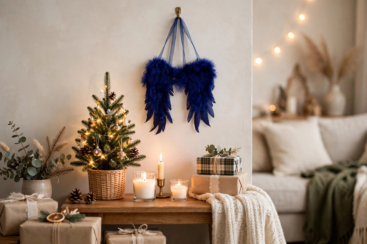 Navy Blue Feather Angel Wing Ornament hung on a wall in a holiday-decorated room