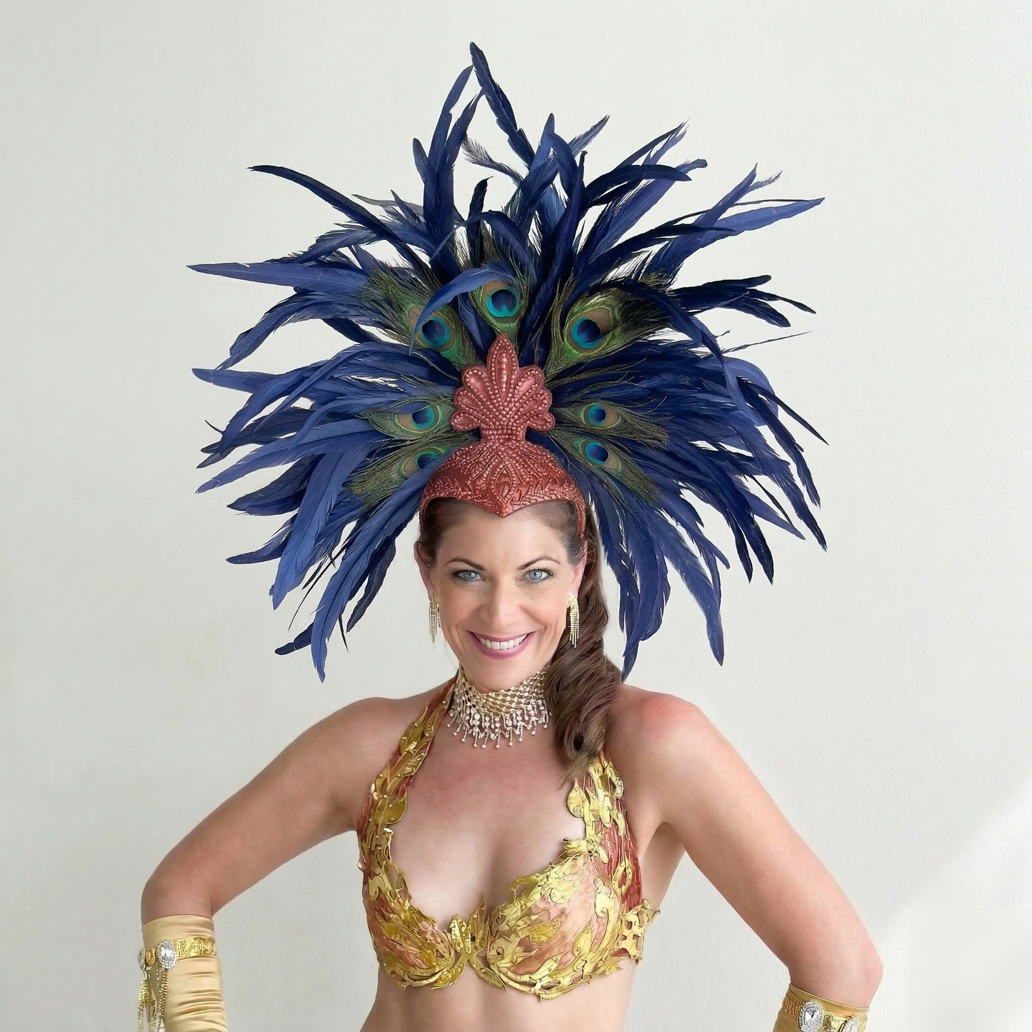 Zizi Navy Blue and Natural Peacock Feather Showgirl Headpiece