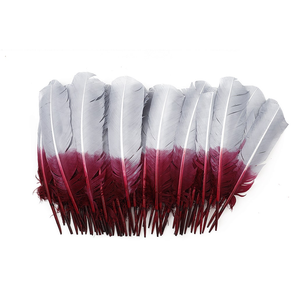 Ombre Turkey Quill Feathers 10-12’’ Dip.25 lb - Burgundy/ Silver - Feathers