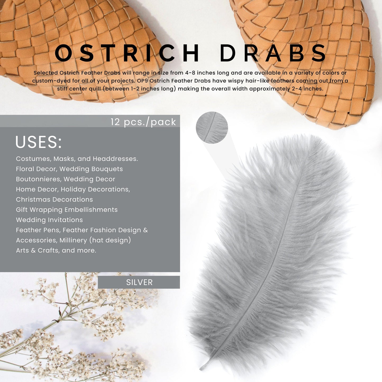 Ostrich Feathers 4-8’’ Drabs - Silver - Ostrich Feathers