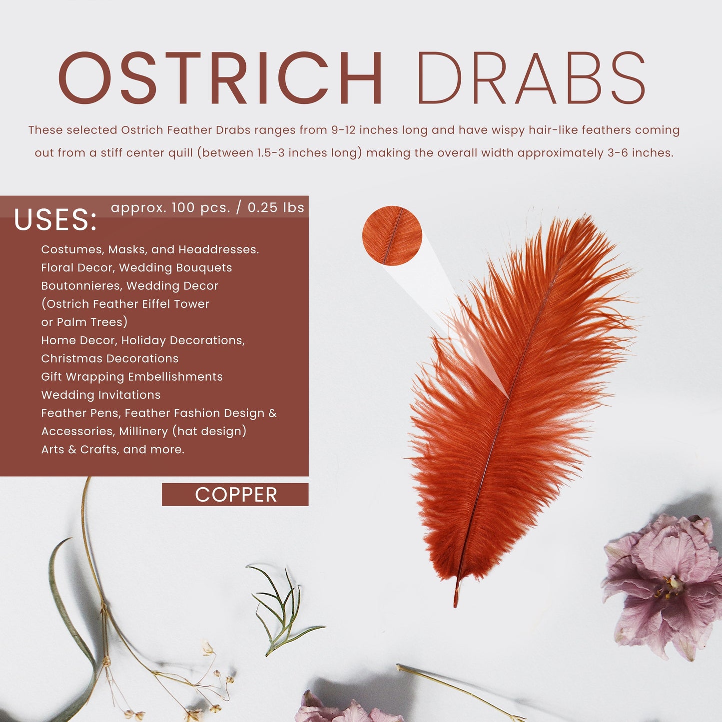 Ostrich Feathers 9-12’’ Drabs - Copper - Ostrich Feathers