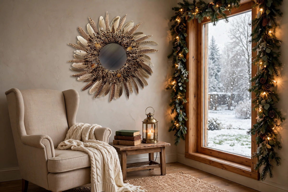 Pheasant Feather Mirror Home Decor hung on a wall in a holiday-decorated room