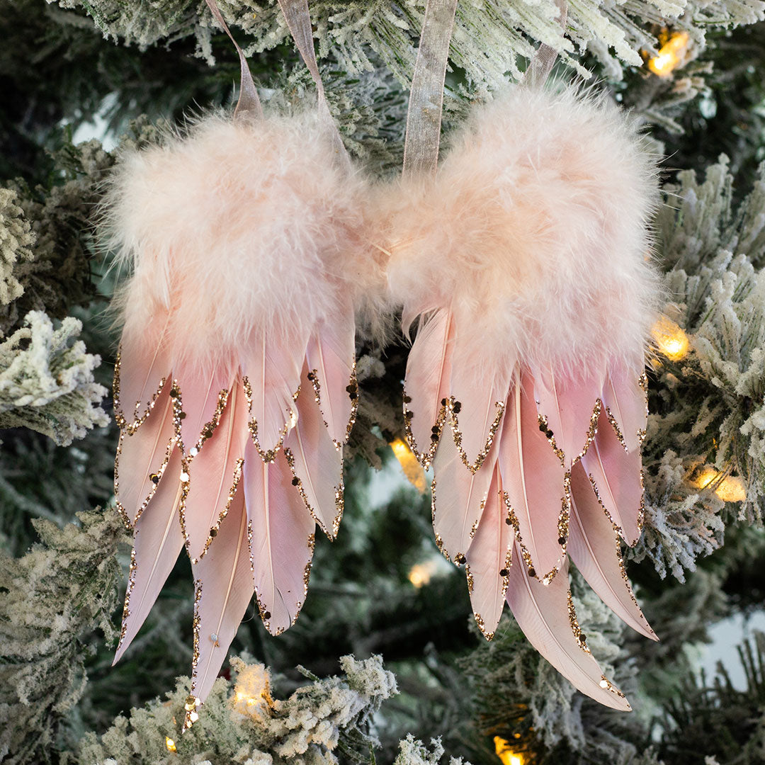 Pink Feather Angel Wing Christmas Ornament  Rose Gold Christmas Decor –  Zucker Feather Products, Inc.