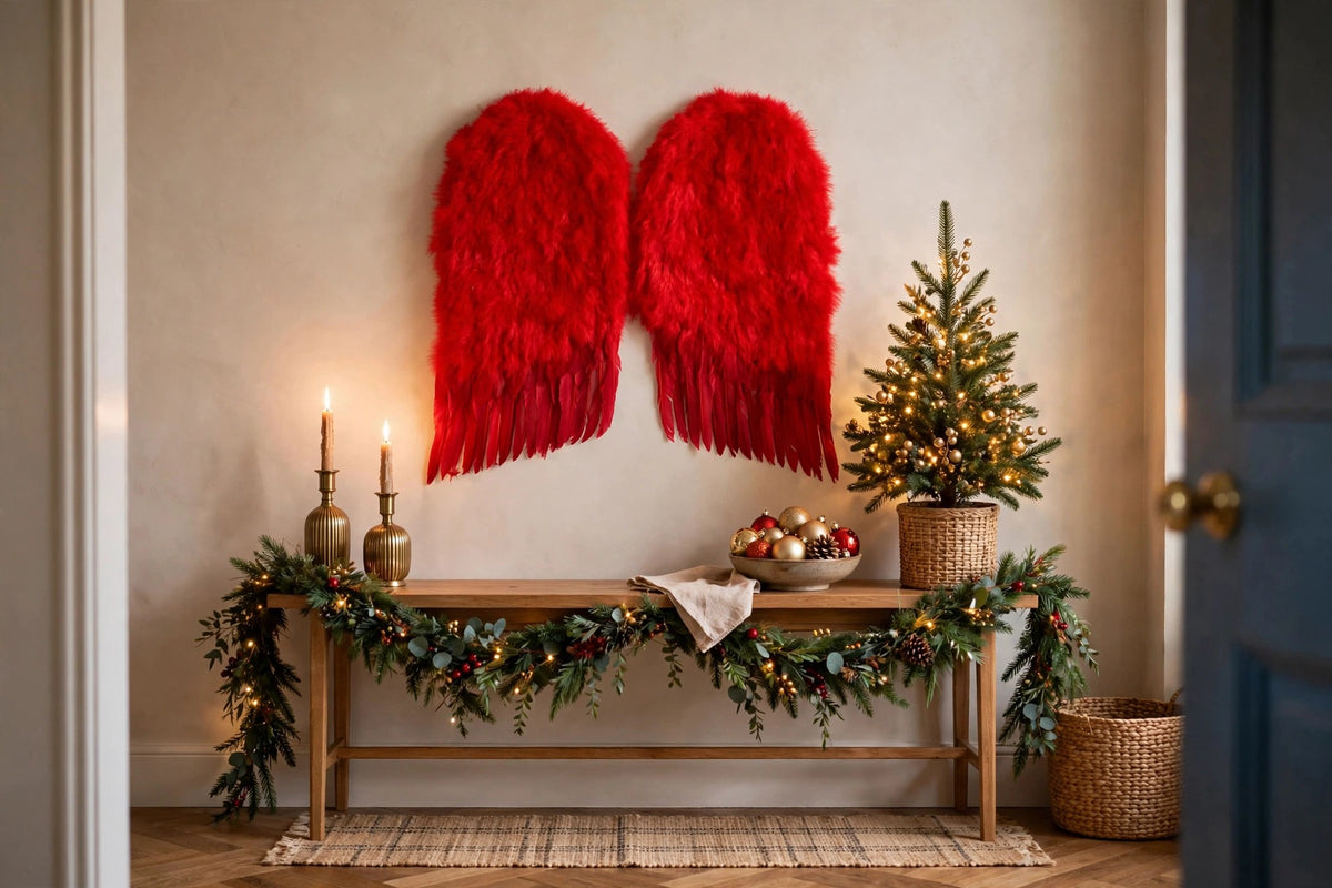 Red Angel Wings hung on a wall in a holiday-decorated room